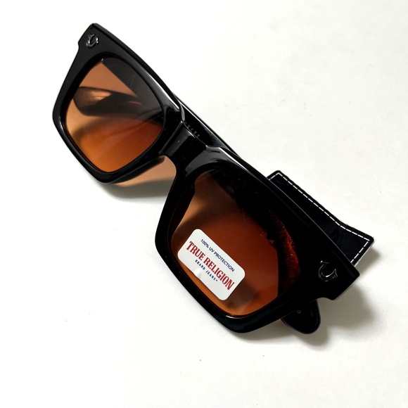 NWT True Religion Square Sunglasses Black Acetate Frame Orange Lens Logo OS - Picture 2 of 7